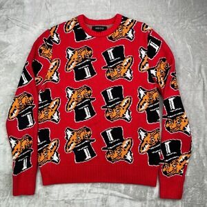 Akoo Slick'd All Over‎ Fox Tophat Print Knit Sweater Mens Medium Red Tight Knit